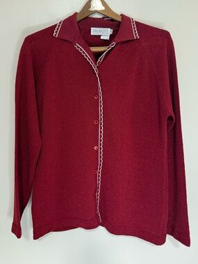 Talbott Vintage Red/burgundy  Button-Up Cardigan White Trim size 38 (medium)